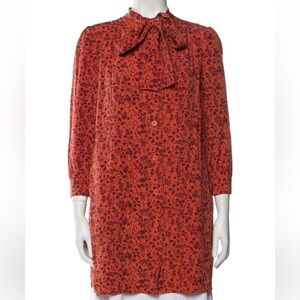 A.P.C. Women's Orange Floral Button-Up Tunic Dress Long Sleeve Bow Detail Size M